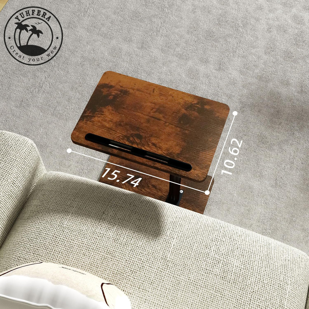 YUHFERA Sofa Armrest Tray Table for Couch - 360° Swivel Height Adjustable End for Small Spaces, Snack Side Table for Bed or Chair with Phone & Tablet Slot (Rustic,Standard) YUHFERA