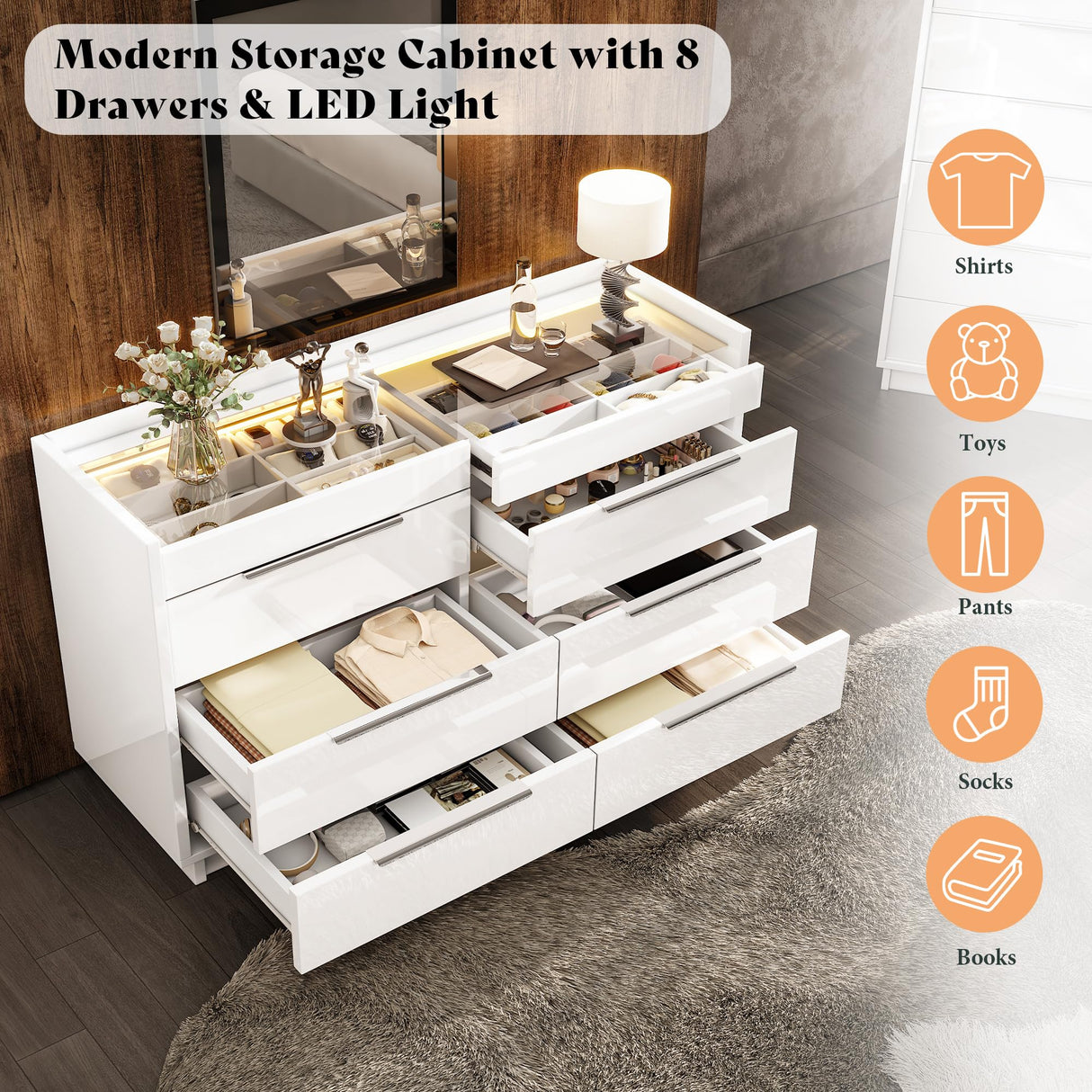 AMERLIFE 47.2" W 8 Drawer Dresser with LED Light & Glass Top, Modern High Gloss Storage Chest with 2 Jewelry Drawers, Storage Organizer for Bedroom, White AMERLIFE