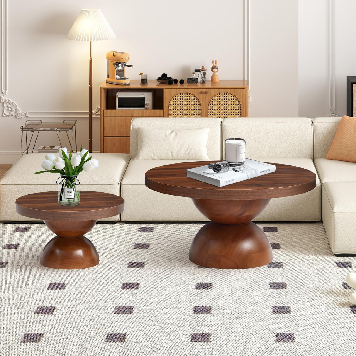 Solid Wood Round Nesting Coffee Table Set of 2, Circle Accent Tables with Unique Semi-Circular Legs, Modern Farmhouse Side End Table Set for Small Space Living Room Office (Walnut) LEVNARY