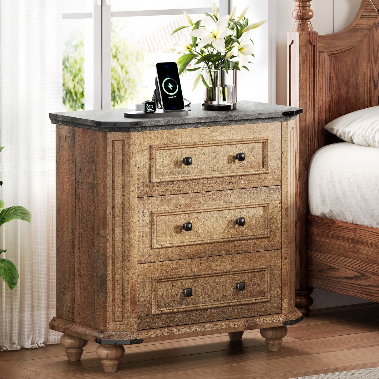 DWVO Nightstand Set of 2 with Charging Station, Farmhouse Bedside Table with 3 Drawers, Wood Night Stand w/Storage, Rustic Bed Side End Table for Bedroom Dorm Small Space, Brown DWVO