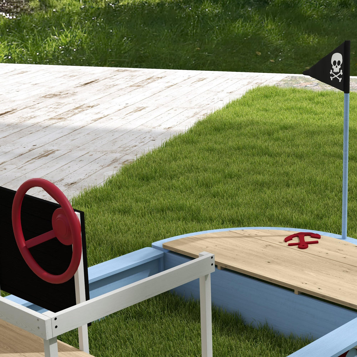 Outsunny Kids Wooden Sandbox, Pirate Ship Sand Pit with Flag, Blackboard, Rudder, Anchor Sign, Storage Deck for Backyard Garden, Gift for Age 3-7 Years, 68" x 44" x 39", Blue Outsunny