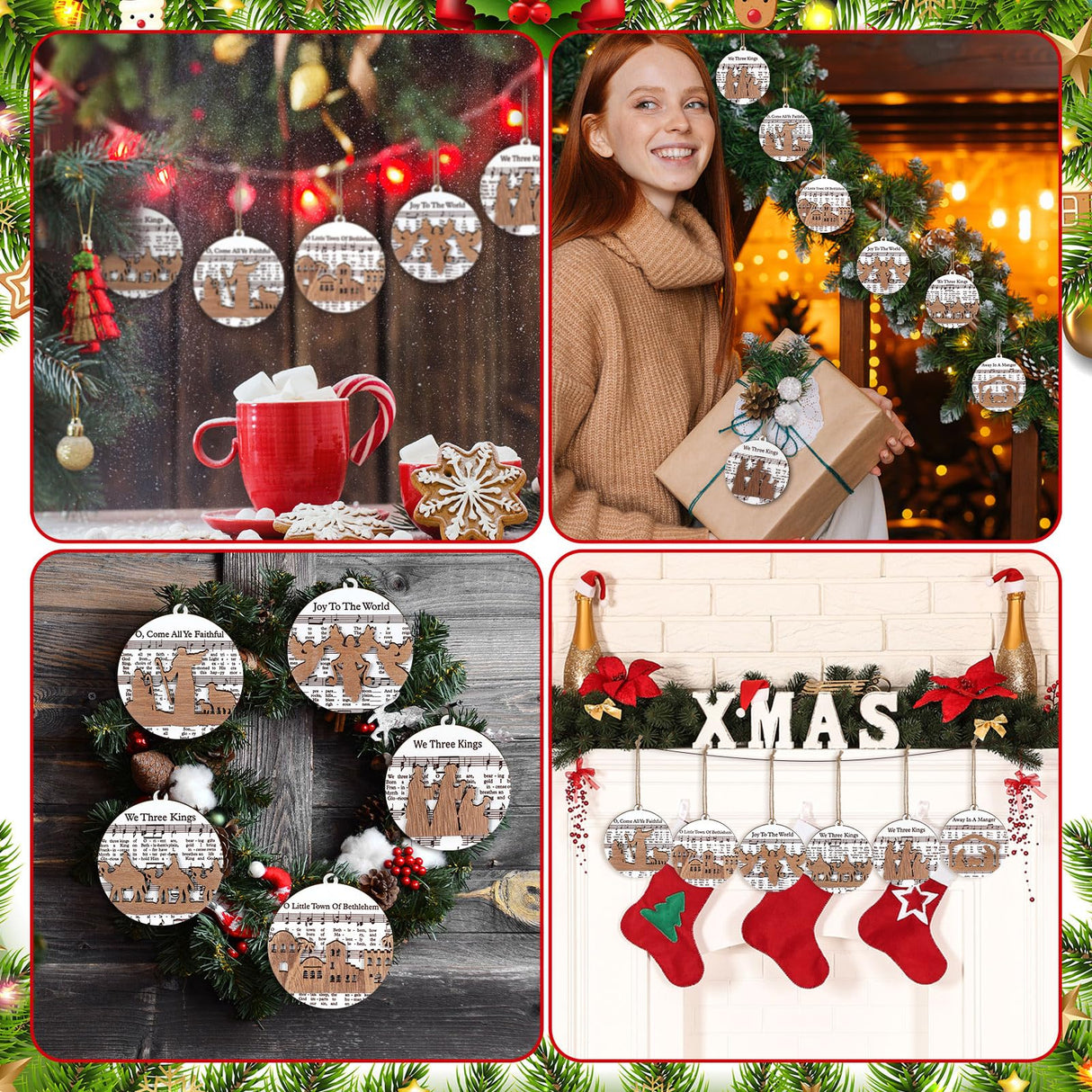 Shellwei 24 Pcs Christmas Nativity Story Wooden Ornaments Set Bulk Christian Music Sheet Nativity Ornament Nativity Scene Hanging Ornaments Xmas Tree Ornaments Religious Gift for Family(Delicate) Shellwei