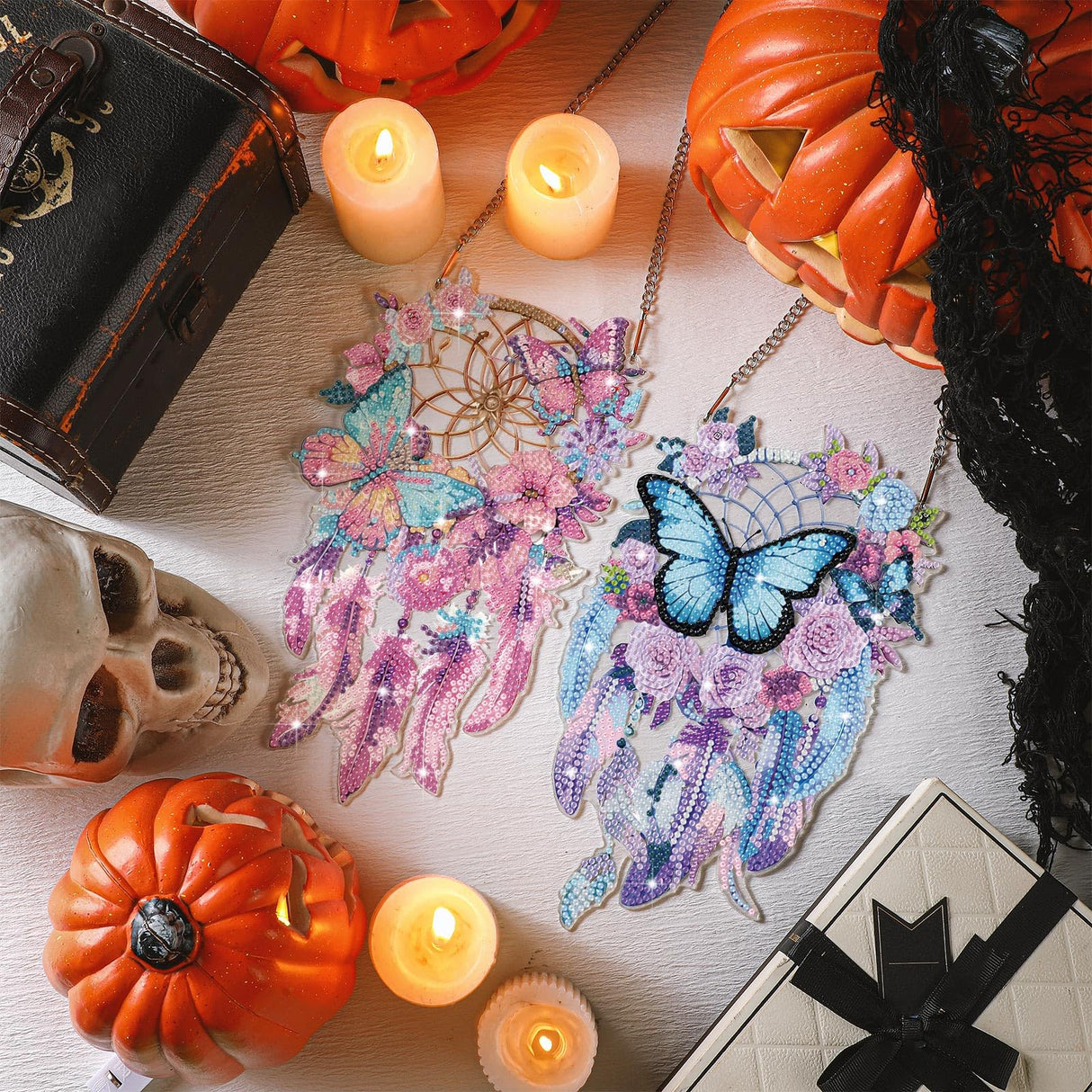 Saillong 2 Pcs Dream Catcher Diamond Art Painting Kits for Adults DIY Purple Butterfly Suncatcher Hanging Diamond Art Painting Wind Chime Hanging for Home Window Door Decor Saillong