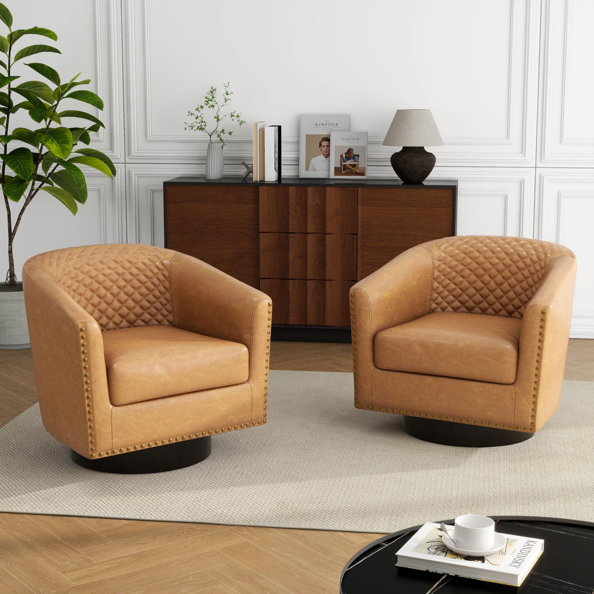 DREAMSIDEA Swivel Barrel Accent Chair, Comfy Modern Upholstered Round Faux Leather Arm Chair for Living Room, Bedroom(Coffee, Set of 2 DREAMSIDEA