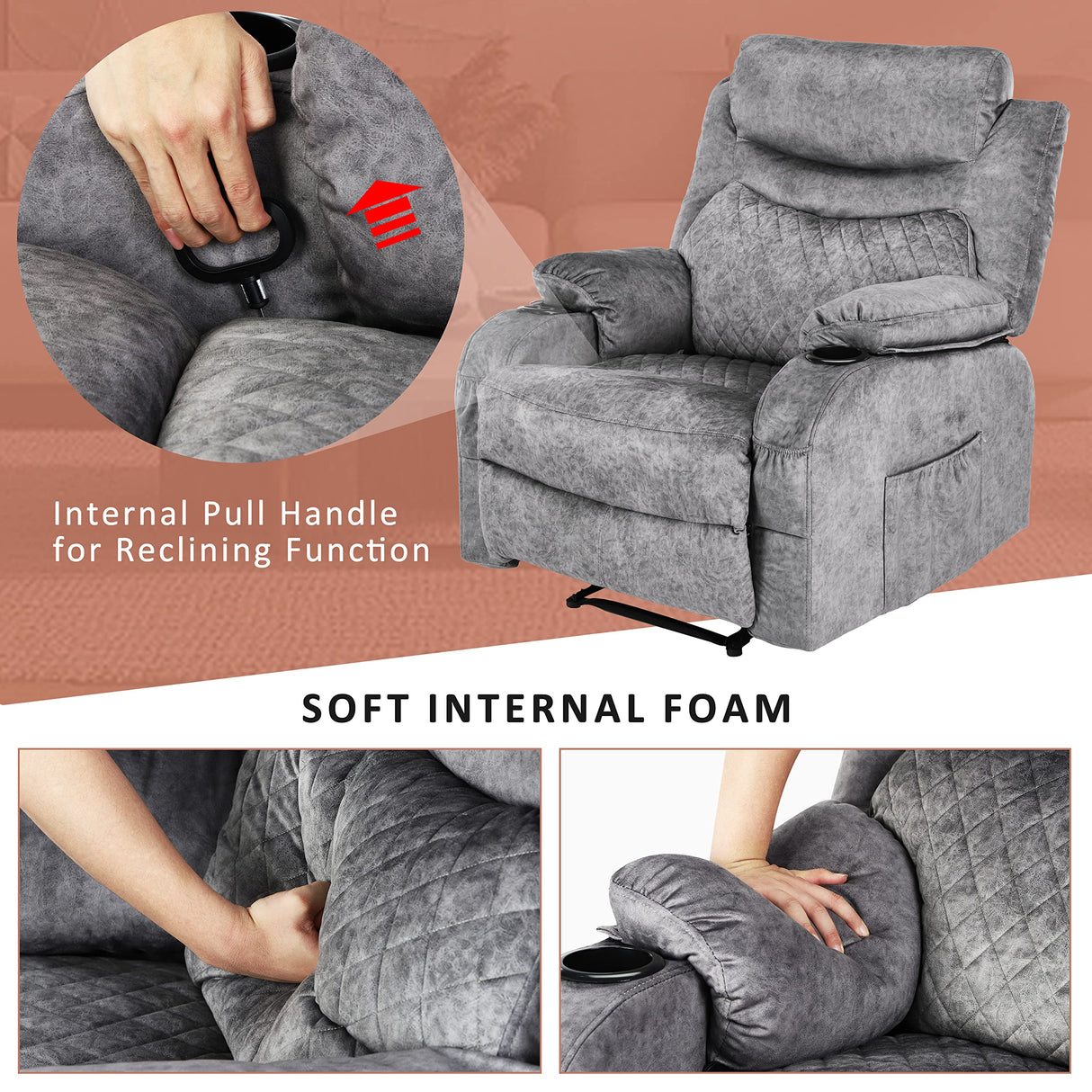 Comermax Fabric Massage Recliner Chairs with Heat Massaging Manual Reclining Chair Overstuffed Heated Recliners with Cup Holders for Adults Grey Comermax