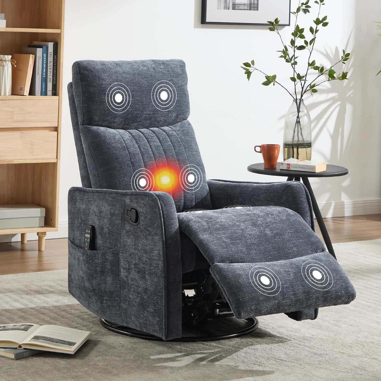 Manual Swivel Rocker Recliner Chair for Adults, Overstuffed Reclining Glider Chair for Nursing with Vibration Massage & Heat, Living Room Rocking Recliner 2-Stage backrest, Chenille Fabric Blue EZZUP