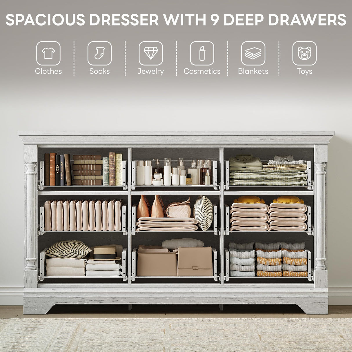 LIKIMIO Farmhouse Dresser for Bedroom with 9 Drawers, 58" Wide Wood Chest of Drawers with Roman Column, Dresser TV Stand for 65", Closet Storage Dressers Organizer for Bedroom, Living Room, Hallway LIKIMIO