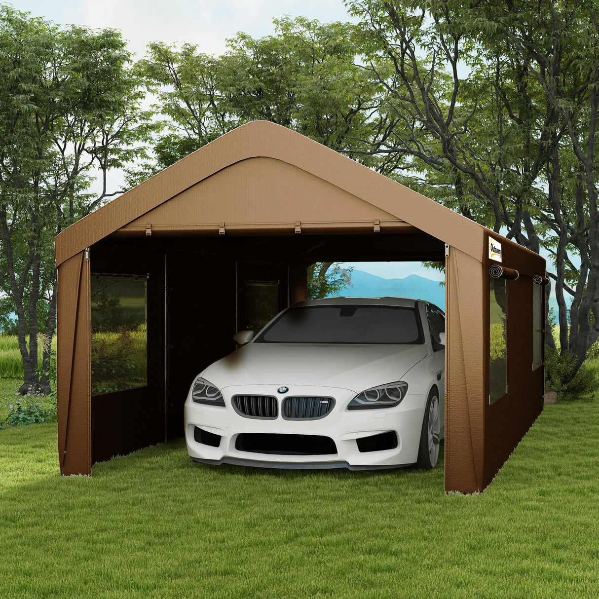 Outsunny Carport 10' x 20' Portable Garage, Heavy Duty Car Port Canopy with 2 Roll-up Doors & 4 Ventilated Windows for Car, Truck, Boat, Garden Tools, Tan Outsunny