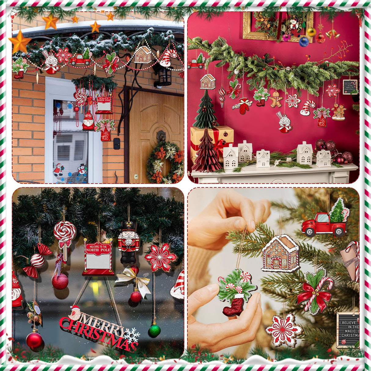 Huwena 40 Pcs Christmas Wooden Ornaments Red Christmas Decorations for Xmas Tree Wreaths Gingerbread Gnome Hanging Ornaments Nutcracker Peppermint Candy Wood Cutouts Christmas Decor for Home Huwena