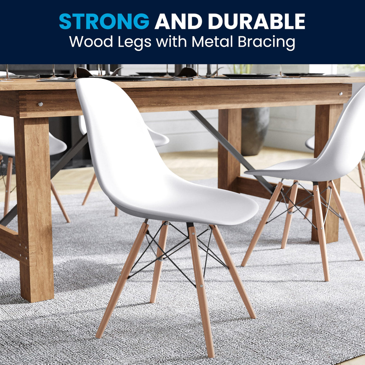 Flash Furniture Elon Series Plastic Modern Dining Chairs with Wooden Legs, Mid-Century Side Chairs for Dining Rooms and Offices, Set of 2, White Flash Furniture