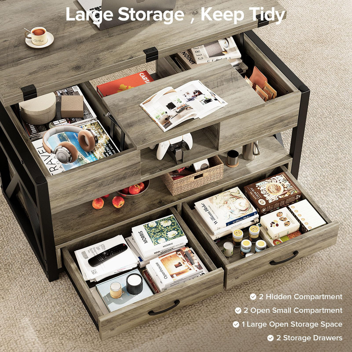 Memobarco 40" Lift Top Coffee Table,4 in 1 Multi-Function Lift Coffee Tables with Storage Drawers and Hidden Compartmen,Farmhouse Coffee Table with Lifting top for Living Room,Grey Memobarco