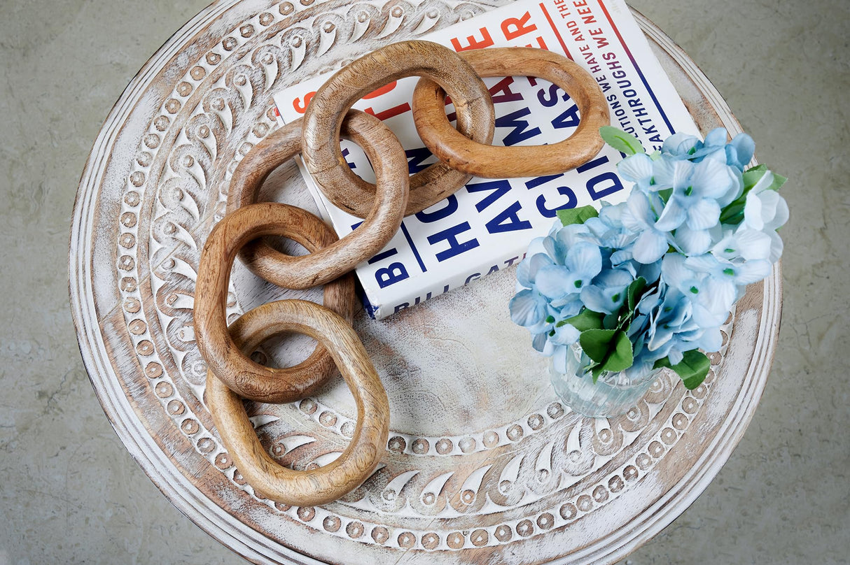 Wood Chain Link Decor Hand Carved 5-Link Wood Knot Decorative Chain, Rustic Wood Link Decorative Object Large Wooden Chain for Home Living Room Coffee Table Farmhouse Natural 16 x 4 x 2 Eximious India