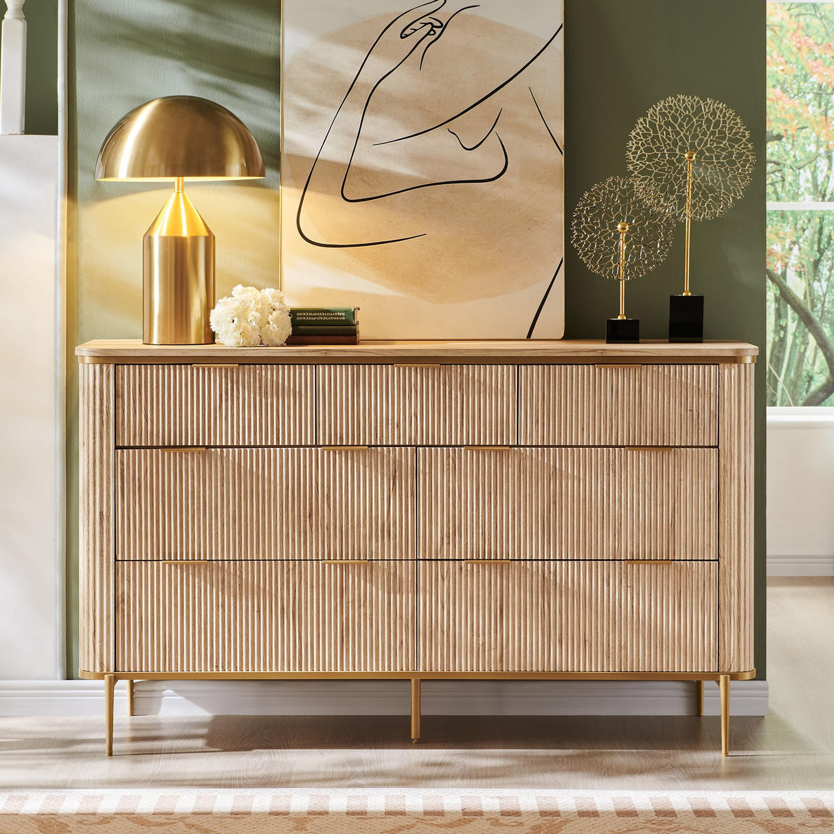 T4TREAM Fluted 7 Drawers Dresser for Bedroom, 54" Wide Modern Dresser TV Stand, Gold Accents, Fluted Fronts, Wood Storage Dressers Organizer for Bedroom, Living Room, Natural Oak T4TREAM