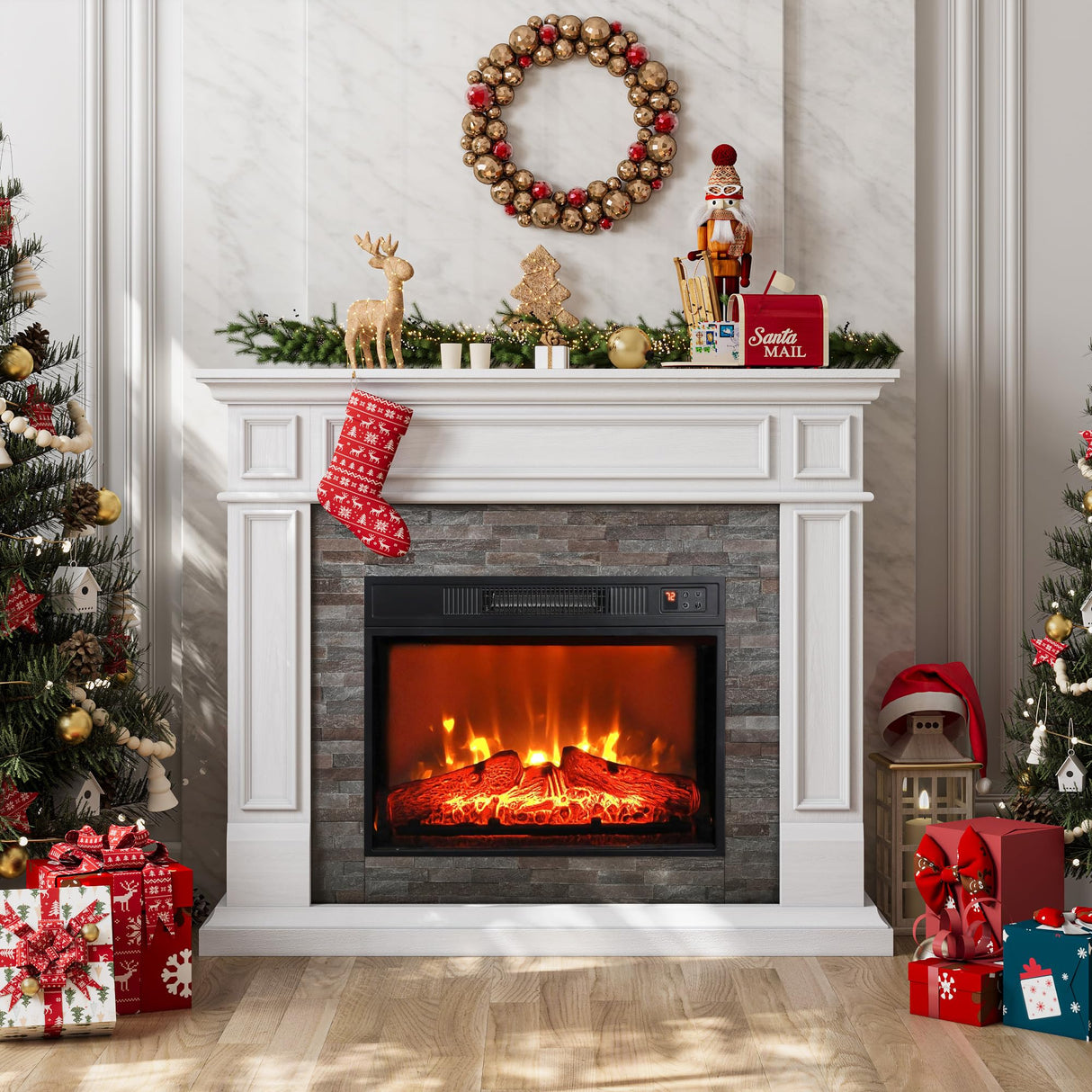 LGHM 44" Electric Fireplace with Mantel, Tall Fireplace Heater Freestanding, Realistic Stacked Stone Surround with Remote Control Timer LED Flame for Living Room,Bedroom… LGHM