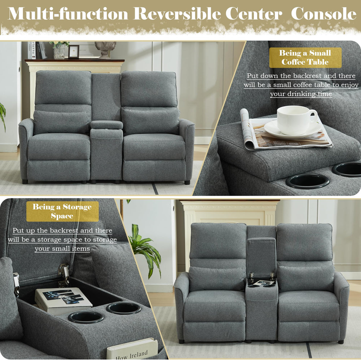 DRMBOOK 63'' RV Loveseat Recliner Sofa, Linen Fabric Double Camper Couch 2 Seater Recliner with Console, Home Movie Theater Seating Chair, 2 Person Push Back Recliners for Living Room, Grey DRMBOOK