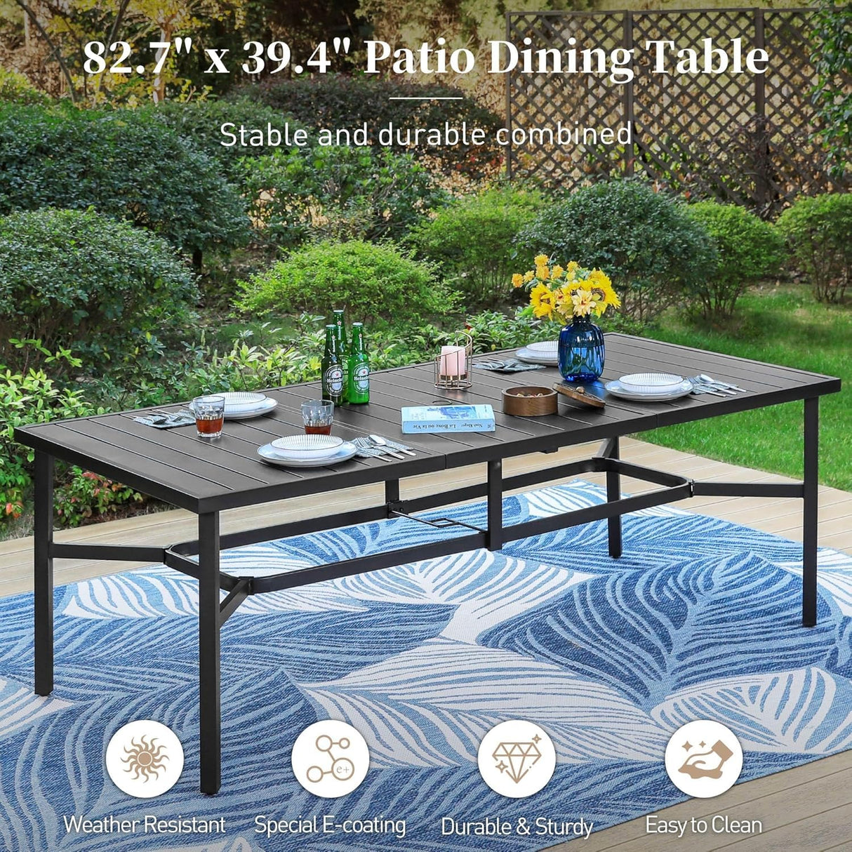 9 Pieces Patio Dining Set, 8 x Woven Rattan Chairs with Waterproof Cushion, 83" Rectangular Metal Dining Table with Umbrella Hole, Outdoor Table and Chairs Set for Backyard Lawn and Deck, Beige SUNSHINE VALLEY