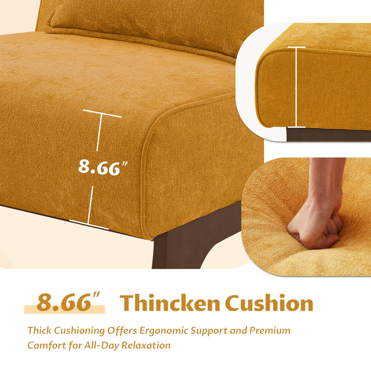 Upholstered Armless Accent Chair,Modern Comfy Living Room Chairs with Wooden Legs& Pillows,Lounge Sofa Side Chair for Bedroom Farmhouse Reading (Yellow, 1 PC) Womina