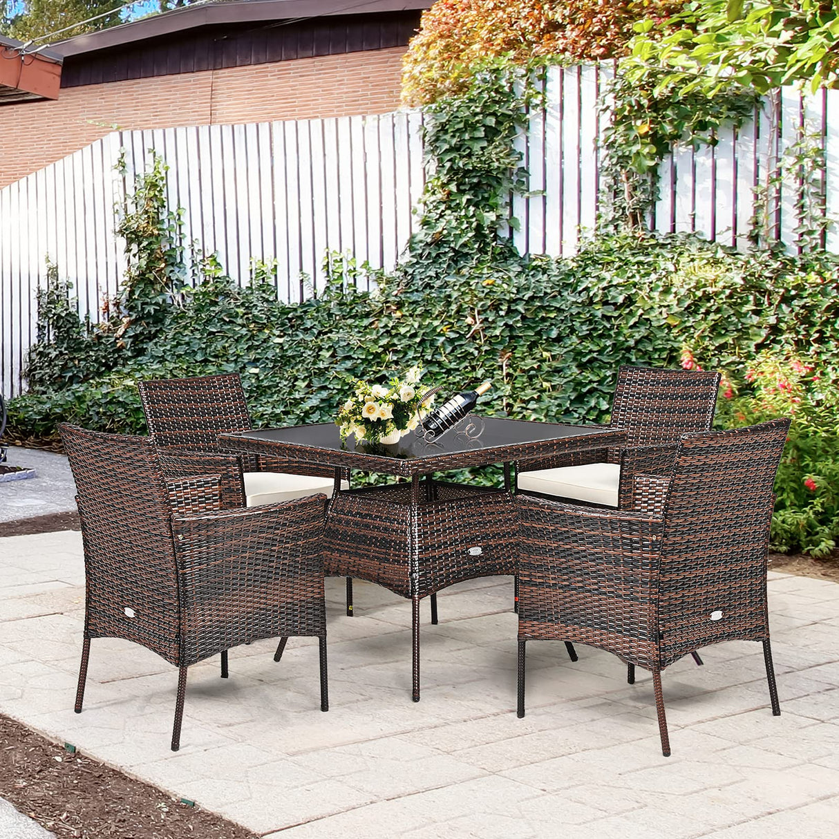 Tangkula 5 Pieces Wicker Patio Dining Set, Outdoor PE Rattan Chairs Table Set with 4 Seat Cushions, Patio Dining Furniture with Tempered Glass Tabletop, Suitable for Porch, Yard Tangkula