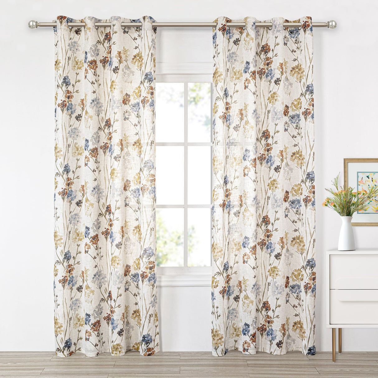 MYSKY HOME Floral Linen Curtains 84 inch Length 2 Panels Set Fall Patterned Semi Sheer Light Filtering Privacy Farmhouse Grommet Drapes for Living/Dining Room, Yellow, W52 x L84, Pack-2 MYSKY HOME