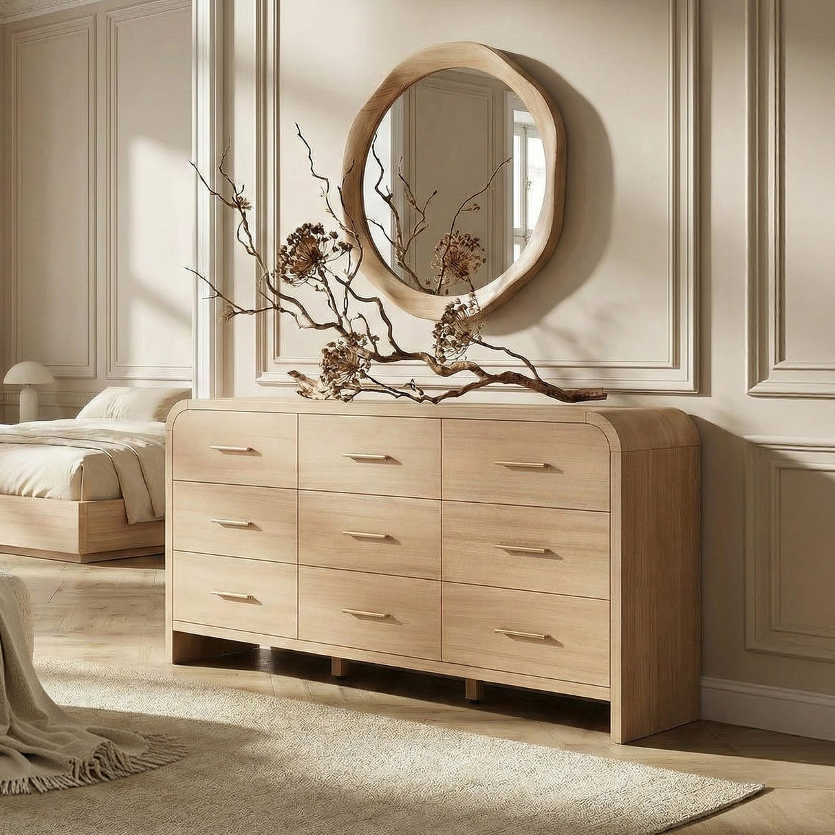 EliteSet Curved 9-Drawer Dresser for Bedroom, 63" Wide Modern Chest of Drawers, Vanity Desk TV Stand for Living Room, Closet Storage Drawers Organizer Furniture, Nursery, Hallway, Oak EliteSet