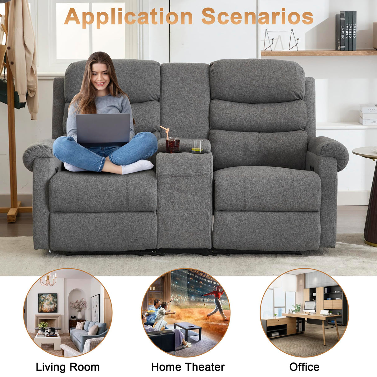 URRED Loveseat Recliner Sofa, Double Manual Recliner RV Sofa with Console, Linen Recliner Chair Home Theater Seating with Cup Holders/Lumbar Pillow/Hidden Storage for Living Room(Grey) URRED