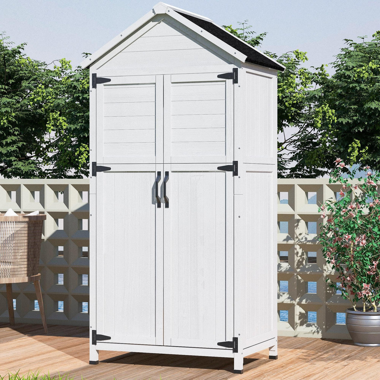 GDFStudio 67" Fir Wood Storage Shed 2 Doors Design Outdoor Tool Storage House Cabinet with Sloped Roof & 4 Interior Compartments for Garden Patio Backyard, White GDFStudio