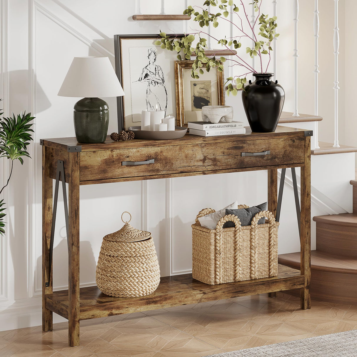 ChooChoo 47'' Farmhouse Console Table with Drawer, Entryway Table with Storage Shelf, Rustic A-Design Sofa Table for Hallway, Entrance, Living Room, Rustic Brown ChooChoo