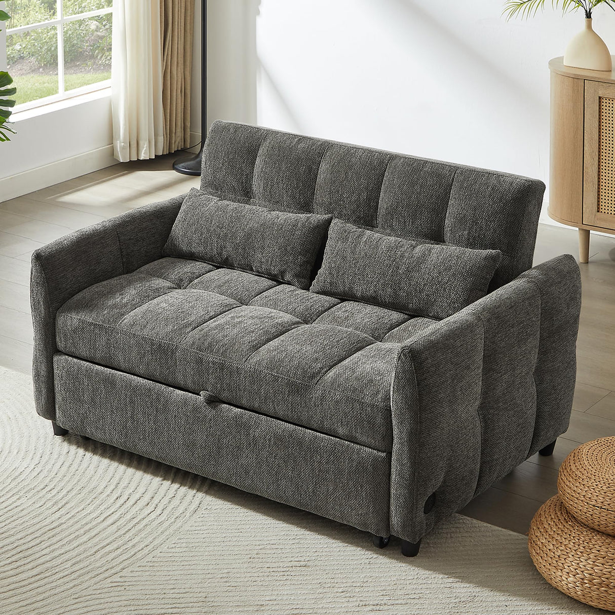 Merax 52.8" Loveseat Pull-Out Sofa Bed Tufted Sleeper Couch with Adjustable Backrest,3 USB Ports and 2 Lumbar Pillows Merax
