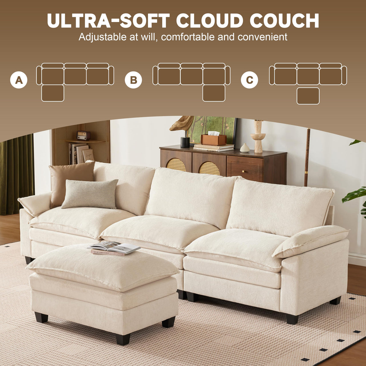 SUAWY 114 Inch Modular Couch Sectionals with Ottoman, Big Comfy Cloud Couches, L Shaped 4 Seat Modular Sectional Sofa, Modern Cloud Sectional Couches for Living Room, Deep Seat Sofa, Beige SUAWY