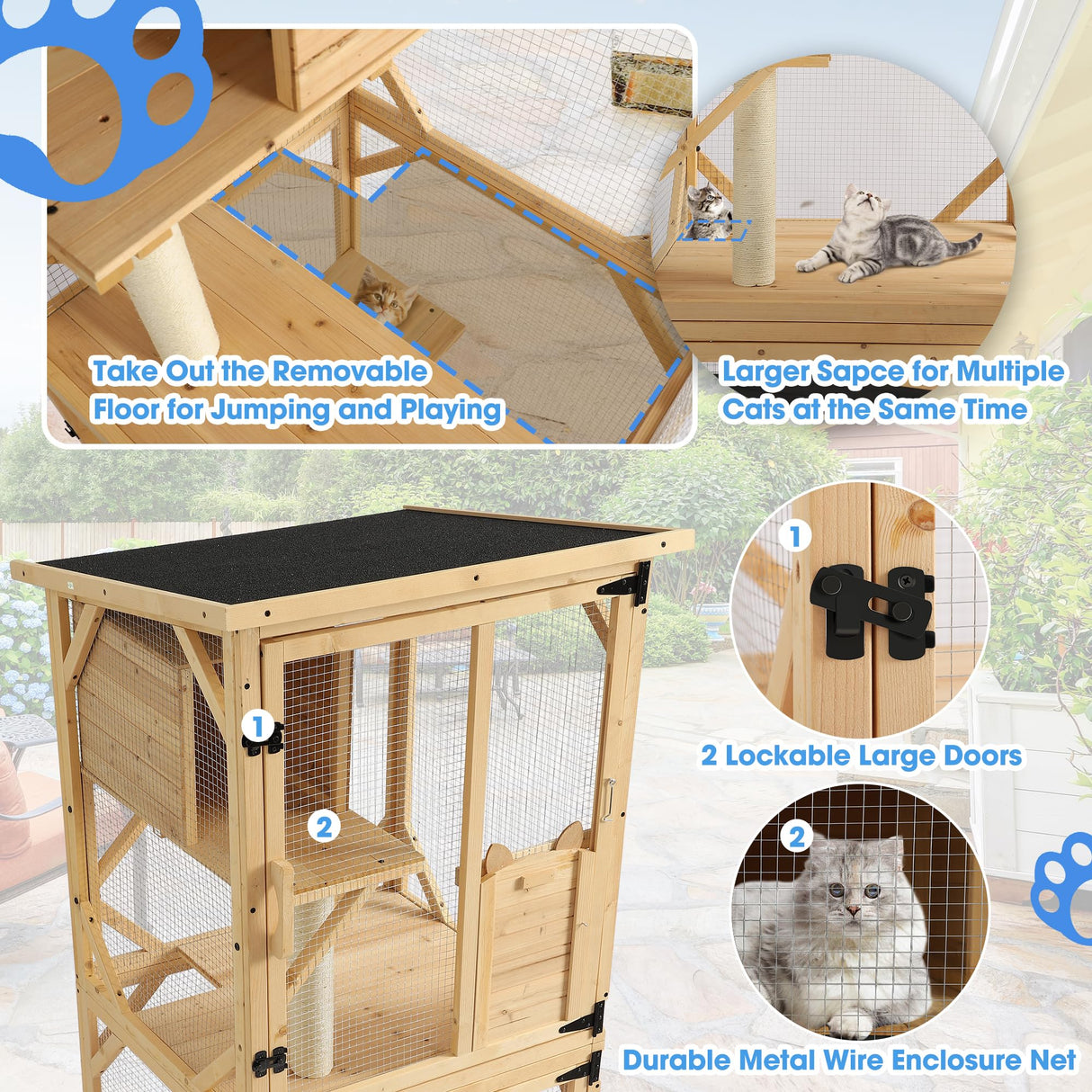 Dephet Catio Outdoor Cat Enclosure with Scratcher - 4-Tier Large Indoor Wooden Window Catio Cats House W/Asphalt Waterproof Roof, Wheels, Resting Box, Platforms, Kitten Toys Ball Dephet