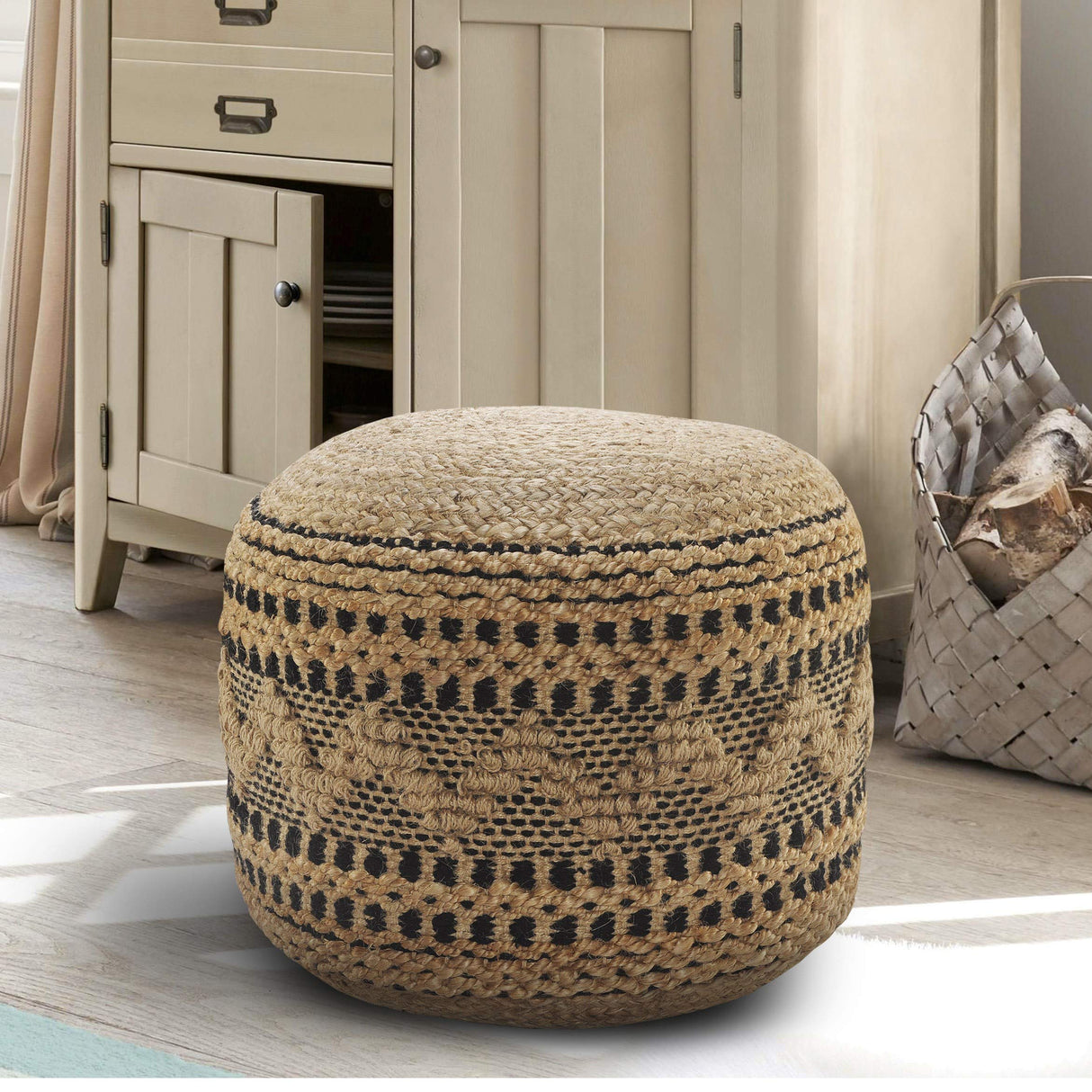 LR Home Tan/Black Round Ottoman Pouf for Home Decor | Striped Hand-Woven Jute Cotton Blend Round Pouf Ottoman Footrest for Bedroom & Living Room Decor | 18" X 18"W X 14"H L.R. Resources Inc