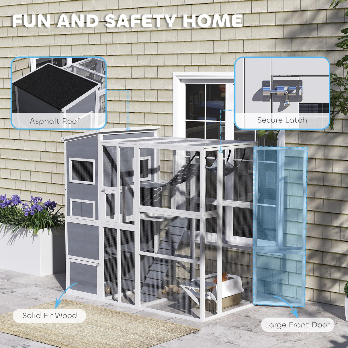 PawHut Catio Outdoor Cat Enclosure, Large Wooden Cat House with Resting Rooms, Platforms, Hammock, Soft Ladder, Ramps, for 2-3 Kittens, 76" x 36" x 68", Gray PawHut