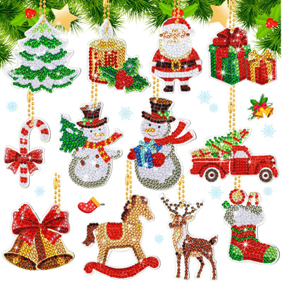 Ferraycle 12 Pcs Diamond Art Christmas Ornaments Christmas Diamond Painting Ornaments 5d DIY Painting Keychain Kits Xmas Hanging Paint Kits for Adults Crafts Family Decor
