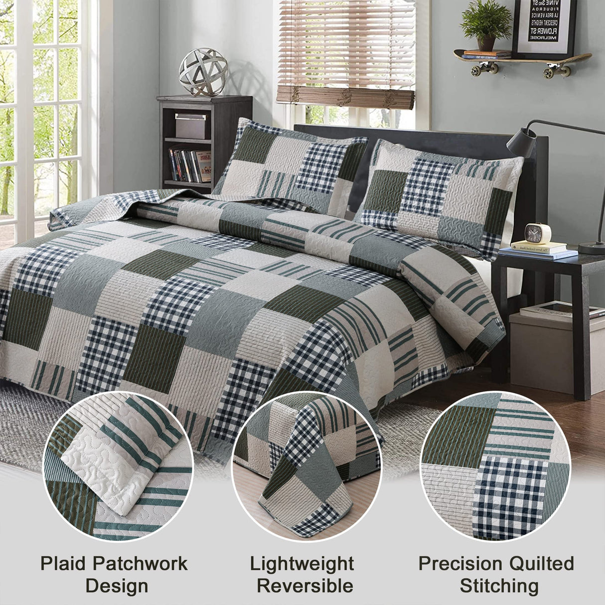 Jessy Home Bedspread Set Queen Size Quilt Set Bedding Lightweight Bedspread Plaid Patchwork Bedding Reversible Quilt Stripe Line Style Mens Quilts Coverlet Soft Breathable Bedspread Queen Bed Jessy Home