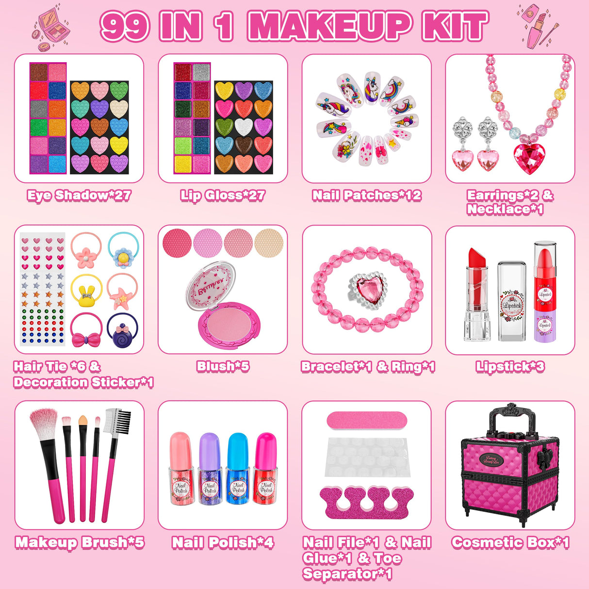 99 Pcs Kids Makeup Kit for Girls, Princess Toys Real Washable Cosmetics Set with Mirror, Hair Ties, Nails, Rings, Earrings, Necklace, Perfect for 3 4 5 6 7 8 Year Old Girls Birthday Kuovei