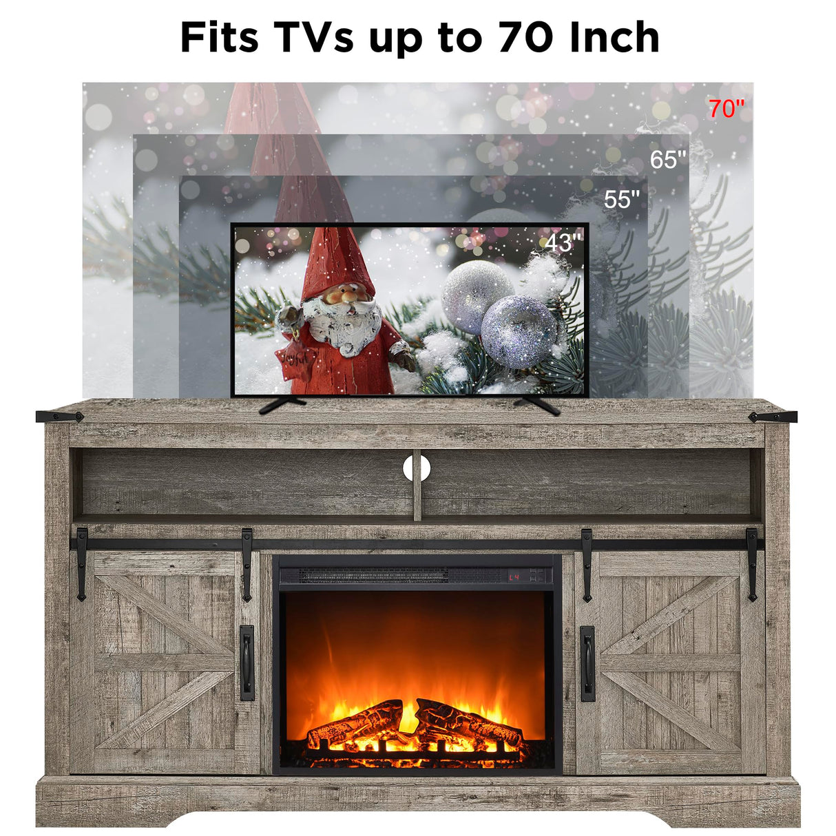 OKD Fireplace TV Stand for 65+ Inch TV, 33" Tall Highboy Farmhouse Entertainment Center w/ 23'' Electric Fireplace, Rustic Media Console w/Sliding Barn Door for Living Room, Light Rustic Oak OKD
