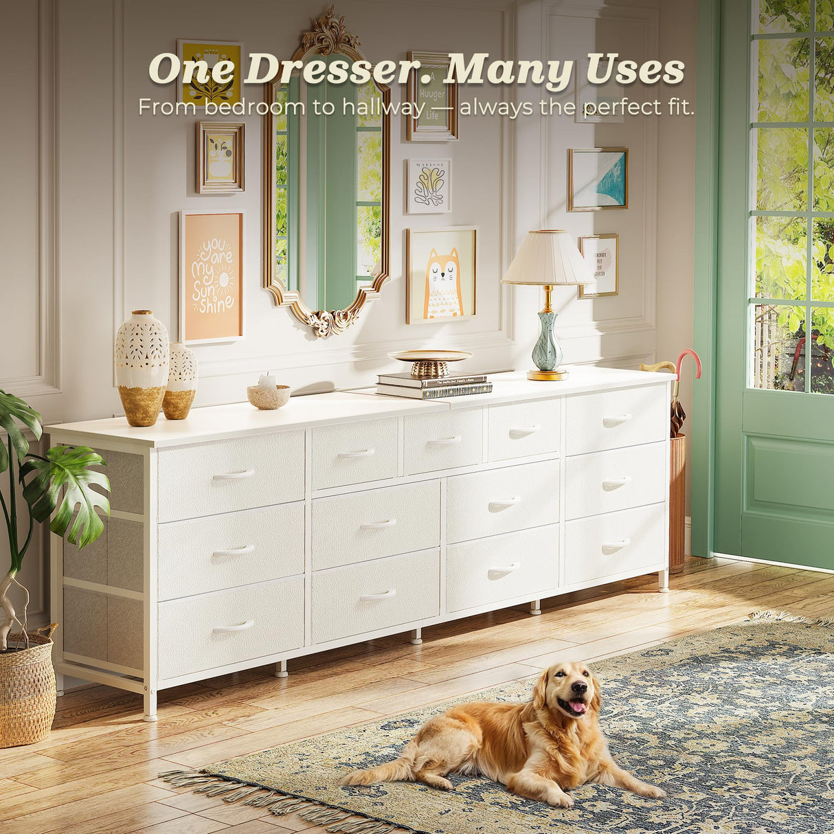 Huuger 70 Inch White Dresser for Bedroom, TV Stand for 65, 75, 80 Inch TV, 13 Fabric Drawer Long Dresser, Wide Chest of Drawer, Storage Units for Bedroom Huuger