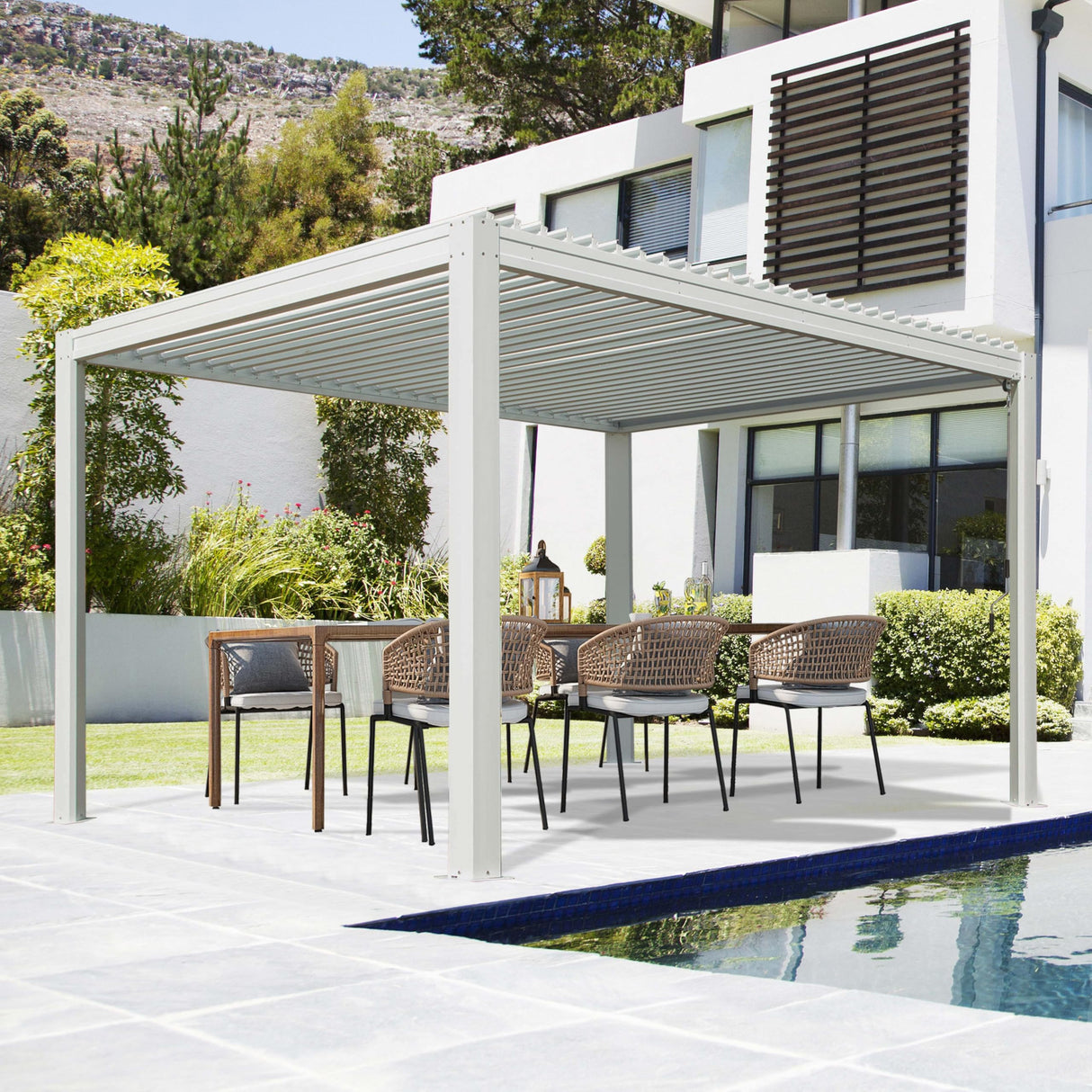 Domi Louvered Pergola 10' x 10' Outdoor Aluminum Pergola with Adjustable Roof, Aluminum Frame, Efficient Drainage System for Patio, Deck, Garden, White domi outdoor living