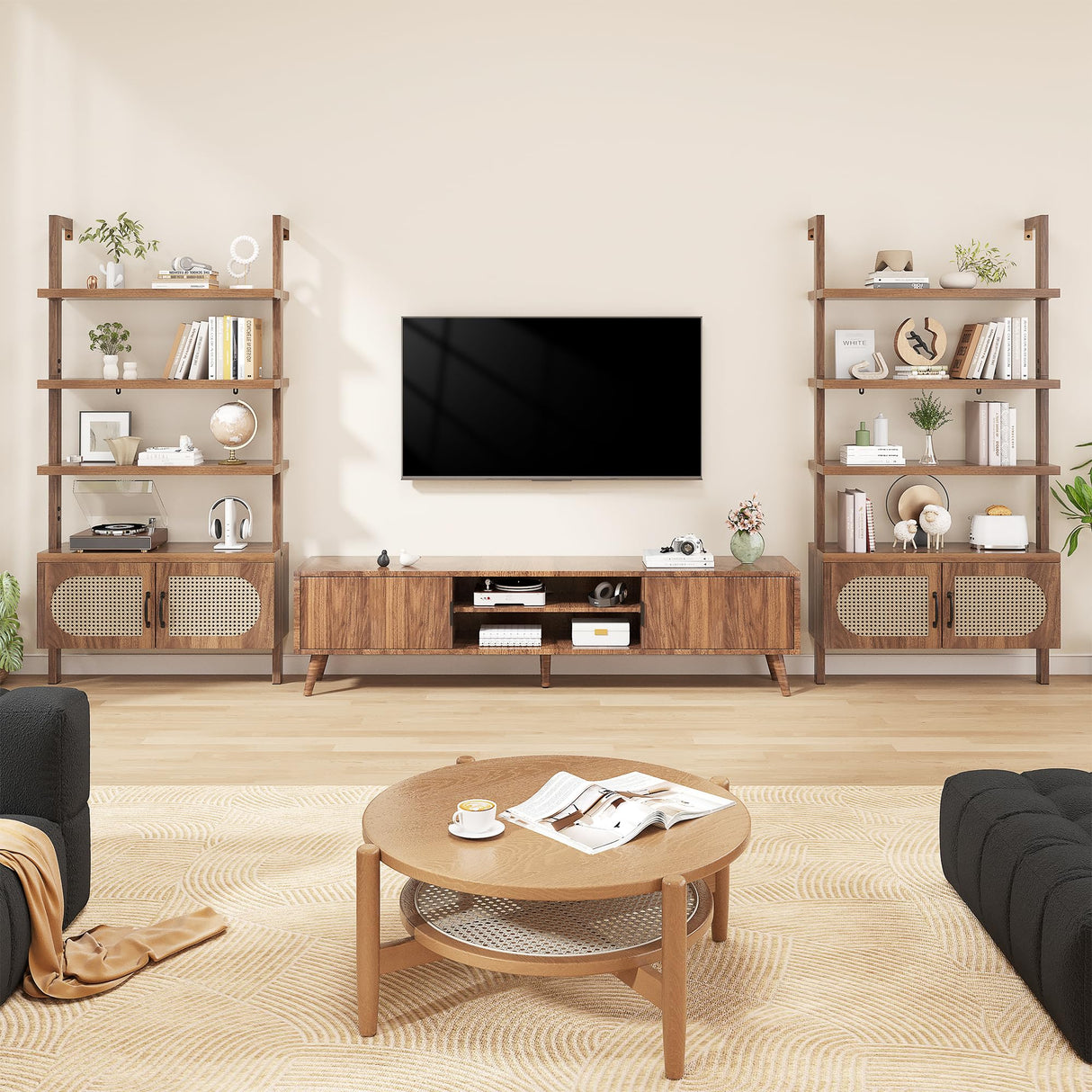 72" Tall Industrial Bookshelf Ladder with 1" Thick Wood - Faux Wood Grain Finish, 5-Tier Open Wall Mount Storage Cabinet with Rattan Doors, Rustic Brown iabifo