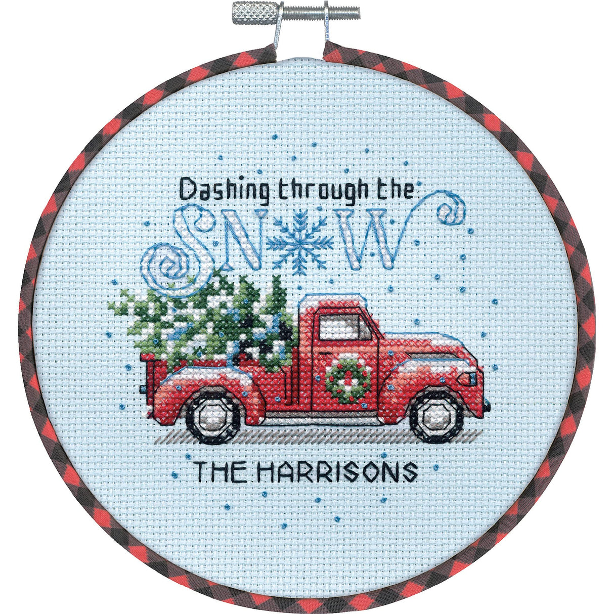 Dimensions 72-09005 Holiday Family Truck Christmas Counted Cross Stitch Kit for Beginners, 6" D, 14 Cnt. White Aida, 5pcs Dimensions