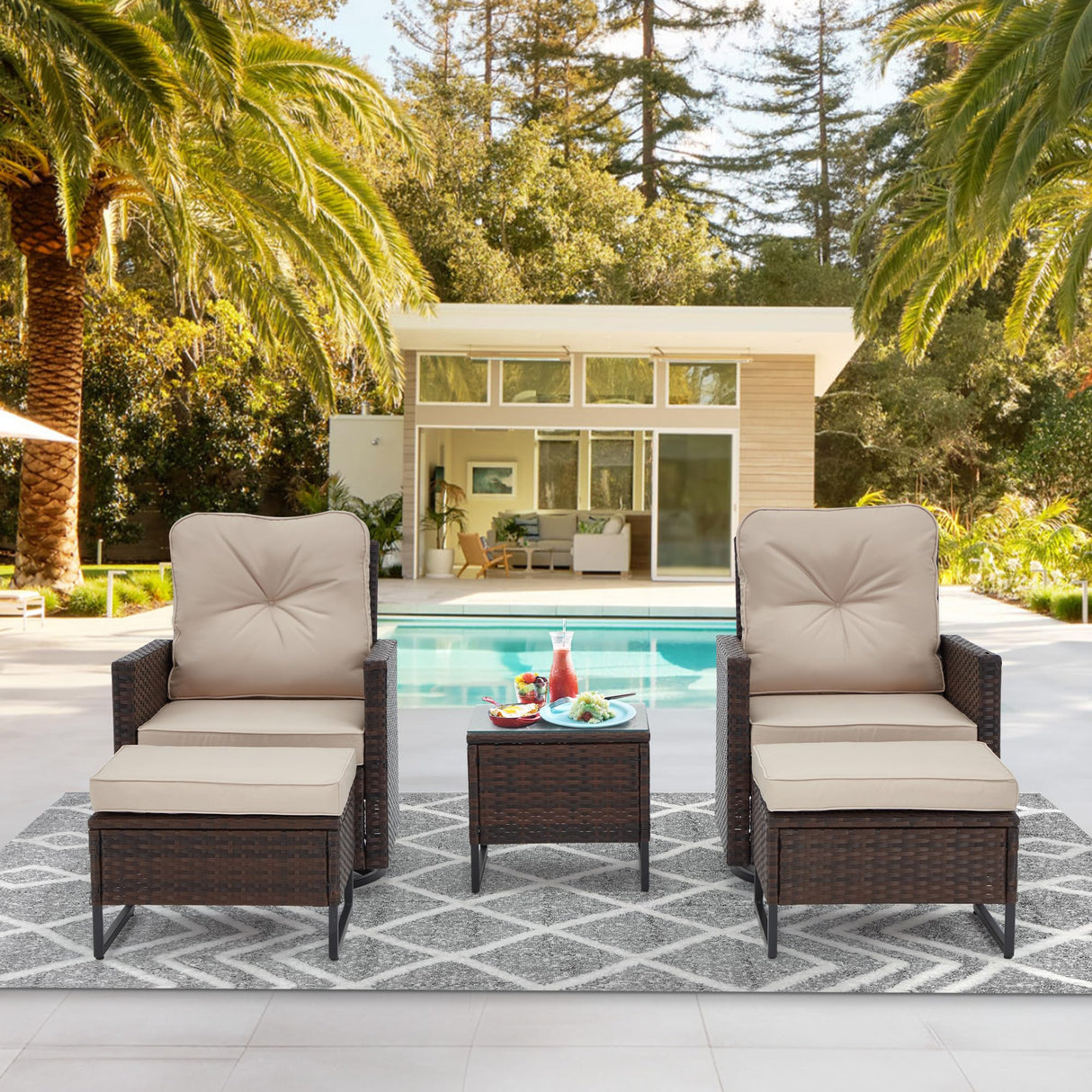 AVAWING 5 Pieces Patio Furniture Set, Wicker Swivel Rocking Chairs with 2 Ottomans and 1 Side Table, Patio Conversation Set w/Waterproof Cushions for Garden, Balcony and Porch, Beige AVAWING