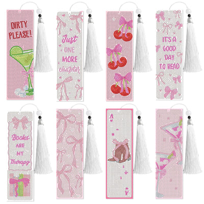 8 Pcs Bow Diamond Art Bookmarks Kit with Tassels, Cute Pink Diamond Painting Bookmarks for Women Book Lovers, DIY Bookmark Making Kit for Adults Beginners Aesthetic Crafts