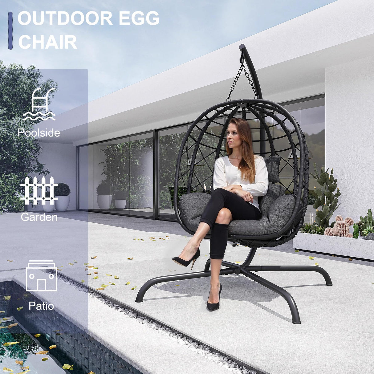LUTINLIX Wicker Egg Chair Outdoor Indoor,Foldable Patio Hanging Egg Chair with Stand,Swing Chair with UV Resistant Cushion 350lbs Capacity for Bedroom, Patio, Garden and Balcony (Black+Dark Grey) LUTINLIX