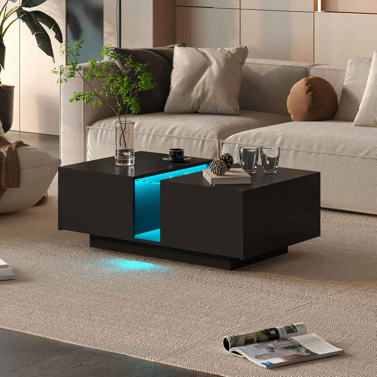 HedoAjim Black Led Coffee Table for Living Room, Rectangular Living Room Table with Storage, Acrylic Coffee Tables with 2 Sliding Drawers, Wood Center Table for Reception Dinning Room HedoAjim