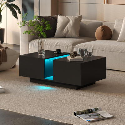 HedoAjim Black Led Coffee Table for Living Room, Rectangular Living Room Table with Storage, Acrylic Coffee Tables with 2 Sliding Drawers, Wood Center Table for Reception Dinning Room