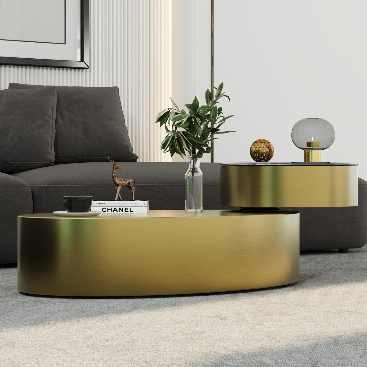 jajaplus Oval Rotating Coffee Table with Tempered Glass Top, 2-Tier Design & 360° Swivel Base, Brushed Gold Finish - Modern Center Table for Living Room, Office, Apartment jajaplus