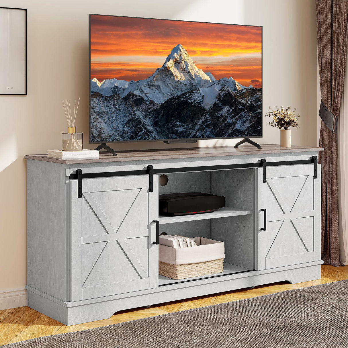 DWVO TV Stand for TVs up to 65 Inch, Farmhouse Entertainment Center with Storage Cabinets and Sliding Barn Doors, Rustic Media TV Console Table for Living Room, Grey White/Grey Wash DWVO