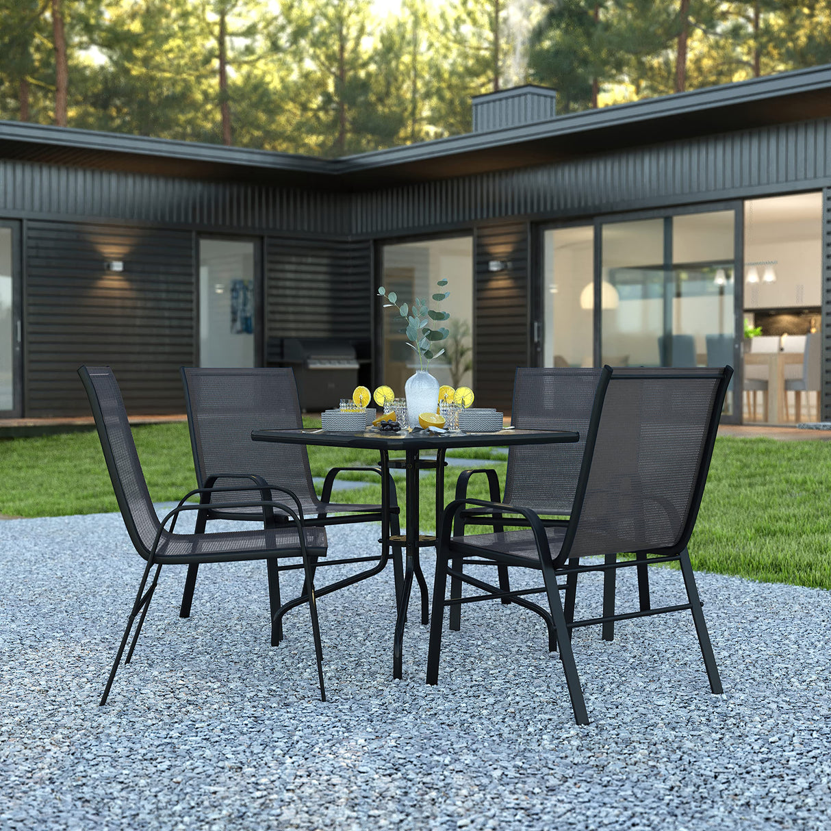 Flash Furniture Brazos Series 5-Piece Glass Patio Table and Chairs Set, Outdoor Patio Dining Set with Square Table and 4 Sling Patio Chairs, Black Flash Furniture