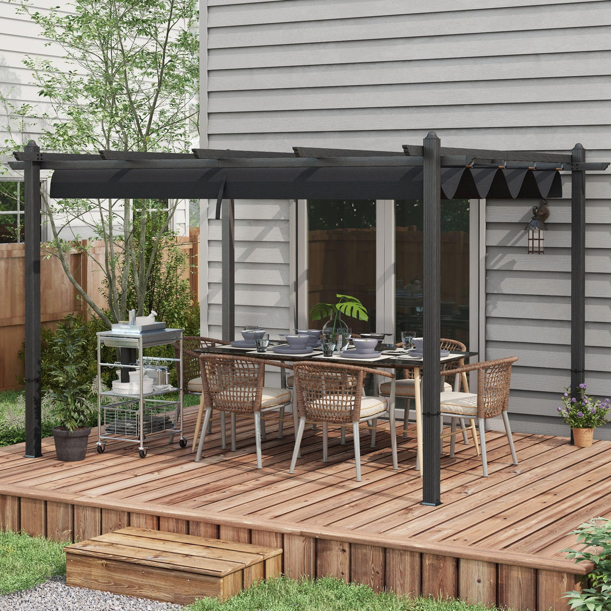 Outsunny 10' x 13' Retractable Pergola Canopy, Wood Grain Aluminum Pergola, Outdoor Sun Shade Shelter for Grill, Garden, Patio, Backyard, Deck, Gray Outsunny