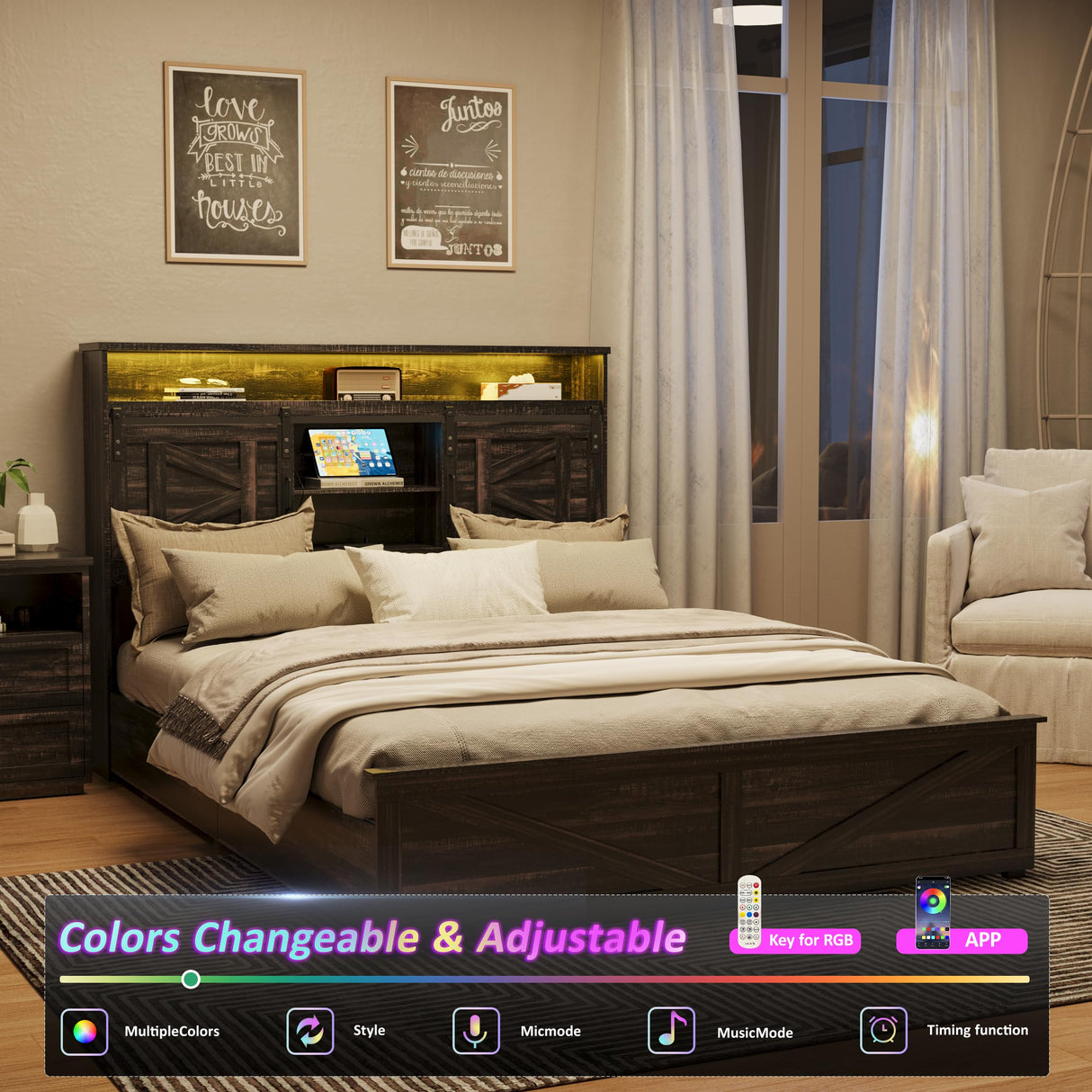 Fameill Farmhouse Full Size Bed Frame with 4 Drawers, Bookcase Headboard, LED Lights, Charging Station & Sliding Barn Door Shelves in Dark Rustic Oak Fameill